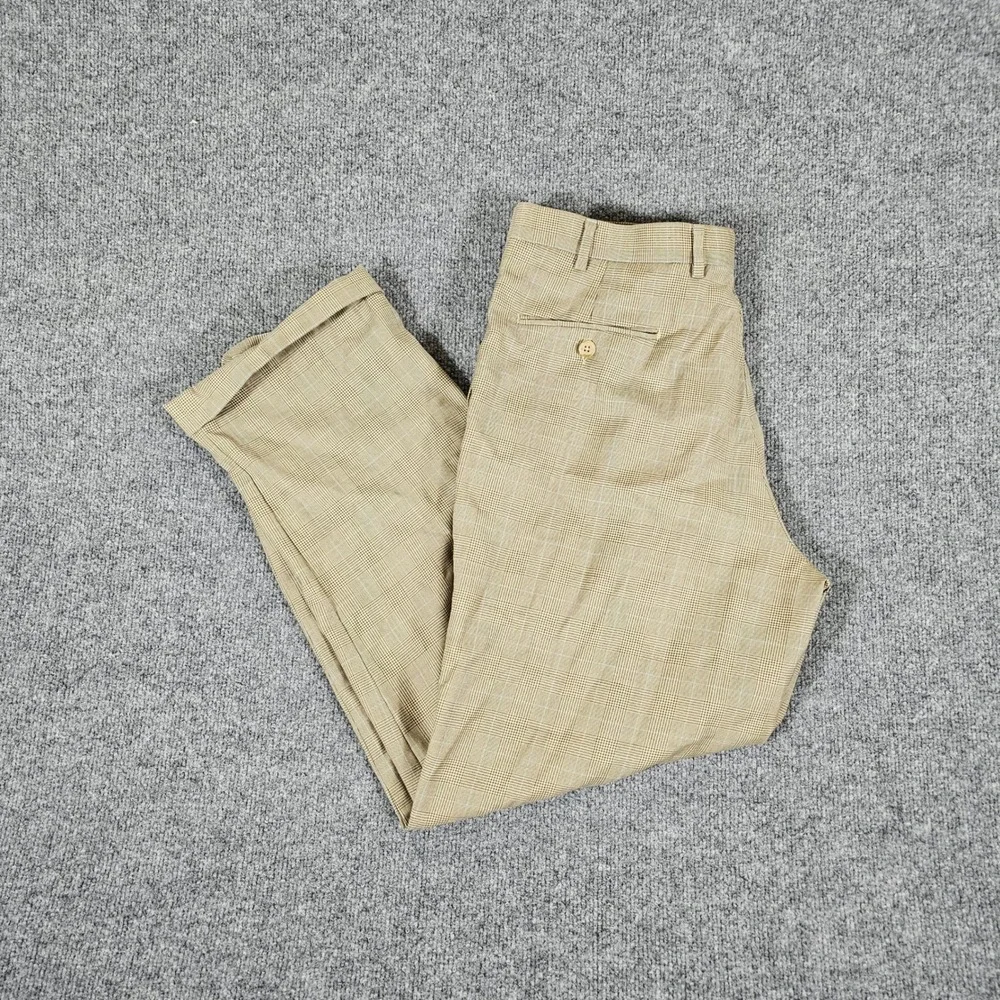 Lauren Ralph Lauren Mens Tan Plaid Wool Pleated Cuffed Trousers 35x30 Act 31x29